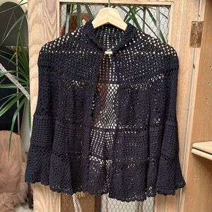 Black Crochet Knit Shawl Poncho
